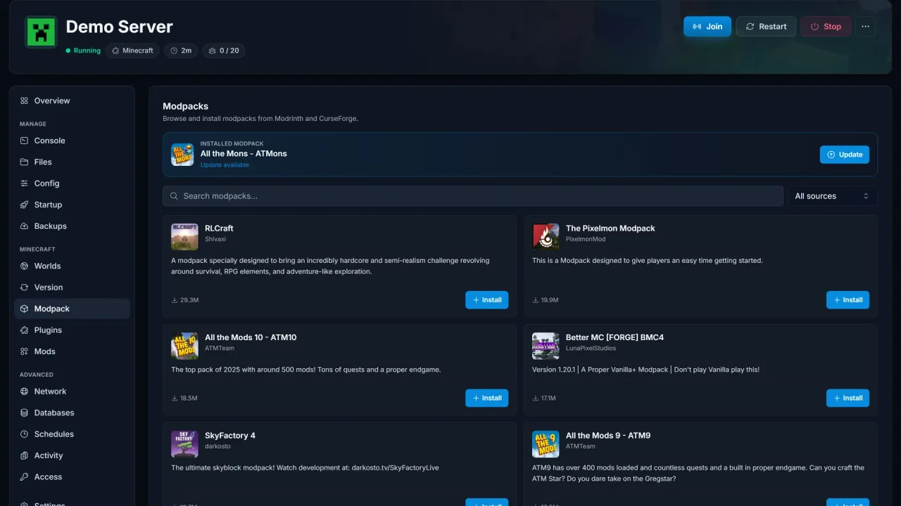 Modpack-selain paneelissa asennettavine packeineen